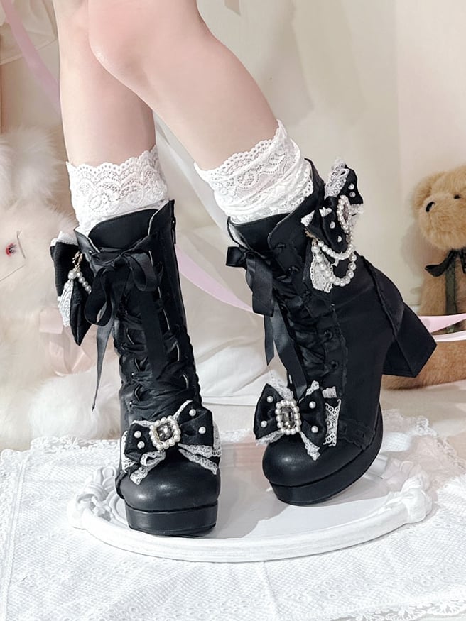Black Sweet Lolita Boots with Beaded Bow - Sheep Puff