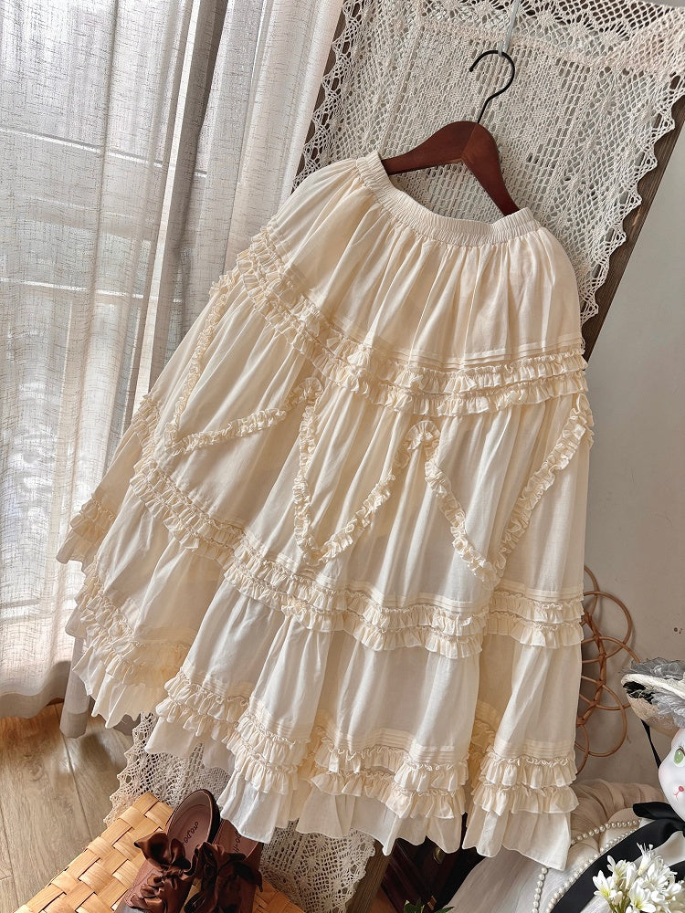 Beige Waist Skirt 82cm Elastic Ruffled Under