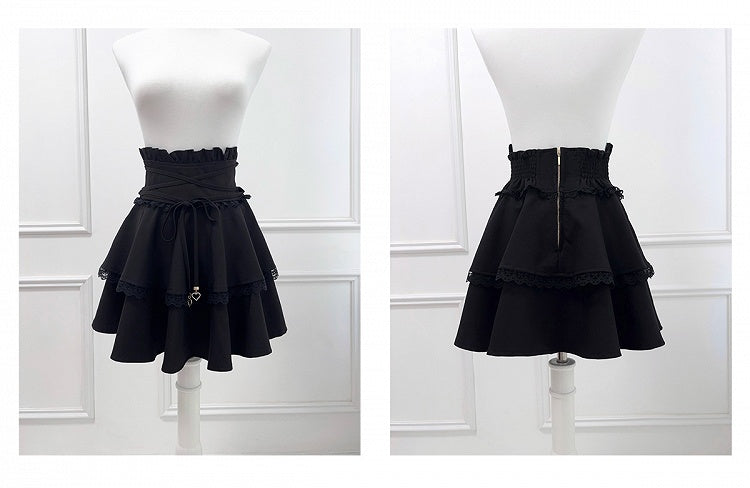 Ruffled High Tie and Black/Dusty Design Detail Pink/White in Corset Waist Skirt Double-Layer