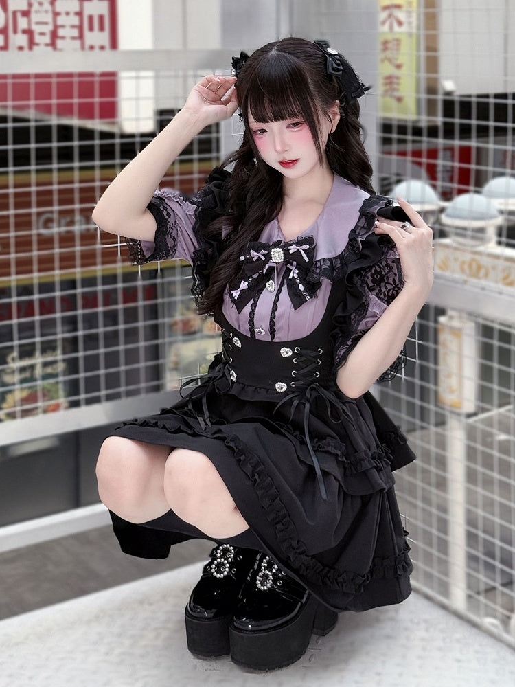 Set Lace-up Overall Skirt Jirai Waist Kei Purple Peter Pan Collar Blouse with Black