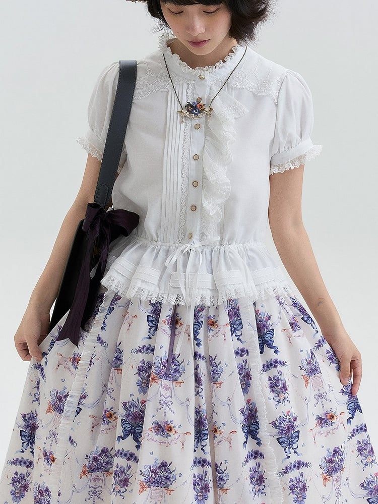 White Single-Sided Ruffles Elegant Lolita Blouse with Drawstring Belt