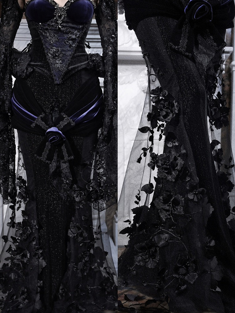 Mesh Accent with Flower Bow Black Mermaid Skirt Rose Beaded Shimmering Panels Purple