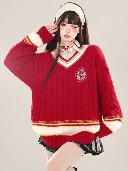レッドプレッピースタイルVネックルーズセーター