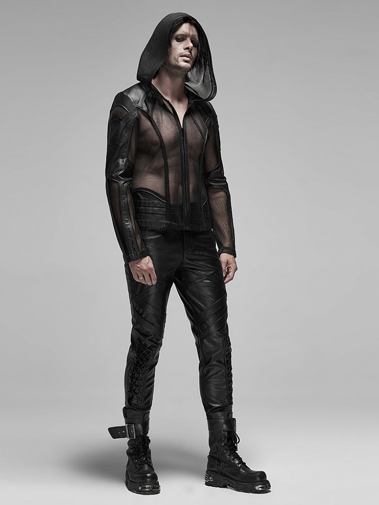 Punk Men's Black Hoodie Mesh