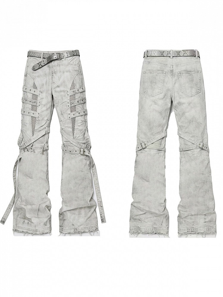 Vintage Batik Distressed Slim Fit Flared Jeans with Strap Accents - Nova nexus
