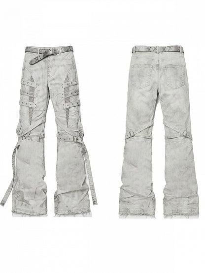 Vintage Batik Distressed Slim Fit Flared Jeans with Strap Accents - Nova nexus