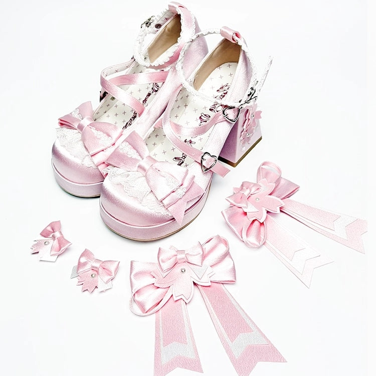 Details Crisscross - Embroidered High Pink with Platform Bow Design Floral Lolita Heel Sweet Block Shoes