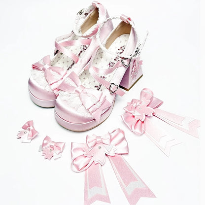 Details Crisscross - Embroidered High Pink with Platform Bow Design Floral Lolita Heel Sweet Block Shoes