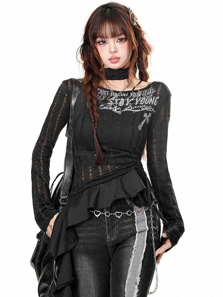 Black/Apricot Drawstring Waist Slim Fit Top with Asymmetrical Ruffle Hem