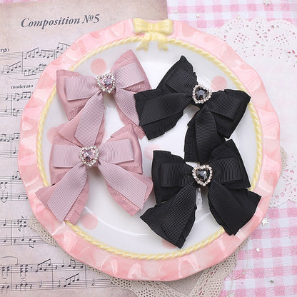 Rhinestone Jirai Hairclip / Heart Black Bowknot Pink Kei