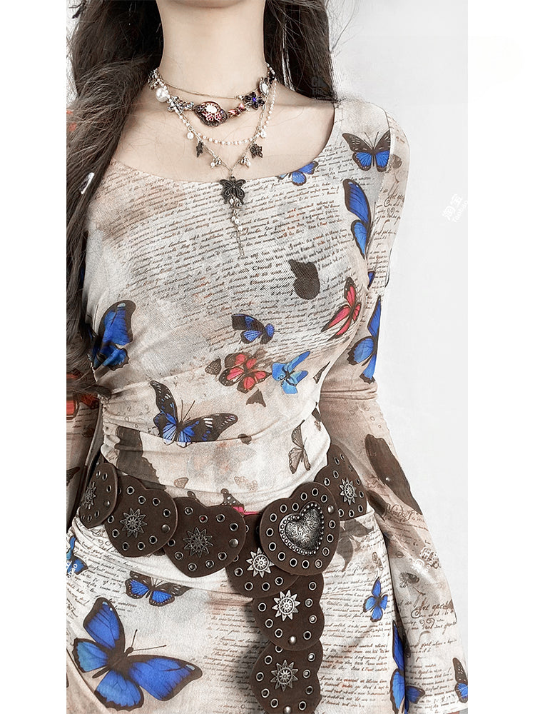 Millard Fashion Vintage Hellkaffeefarbenes Kleid mit Rundhalsausschnitt und Schmetterlingsraffung