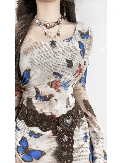 Millard Fashion Vintage Hellkaffeefarbenes Kleid mit Rundhalsausschnitt und Schmetterlingsraffung