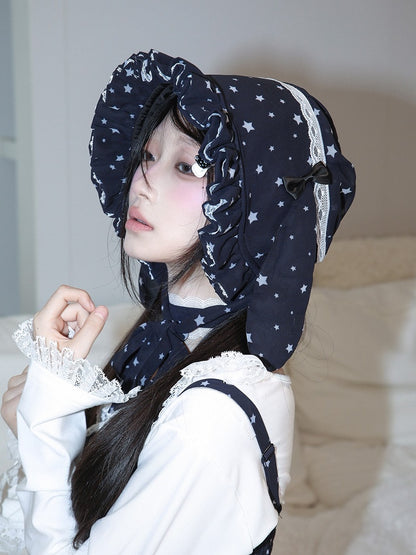 Navy Star Print Trim Bonnet White Blue Chiffon Bunny with Lace Ear