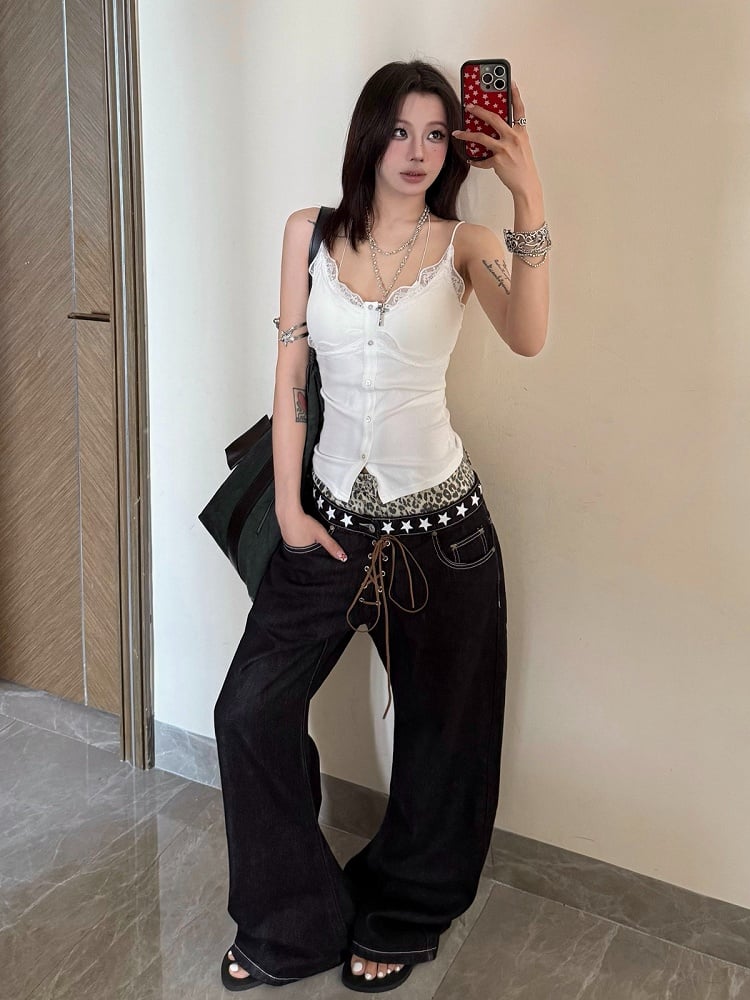 Rock Punk Leopard Print Double Waistband Curved-Leg Black Jeans - DETW OnLine