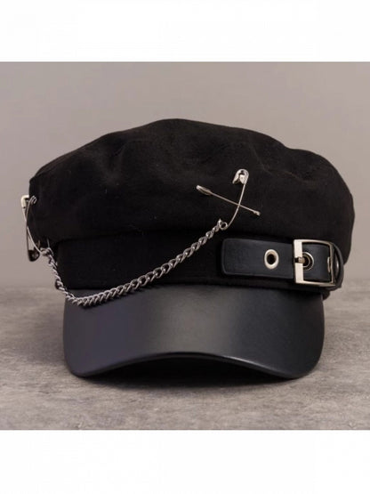 Black Punk Chain Beret with Metal Buckle - Strange Sugar