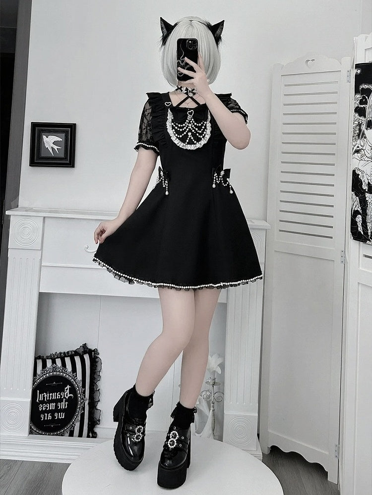 Black Bead Chain Decorated Short Sleeve Dress Set with Shorts and Bow Tie - Angel Share