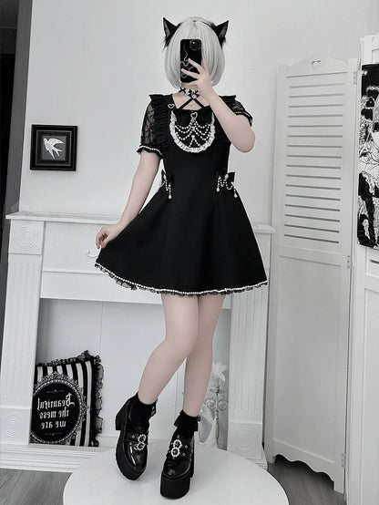 Black Bead Chain Decorated Short Sleeve Dress Set with Shorts and Bow Tie - Angel Share