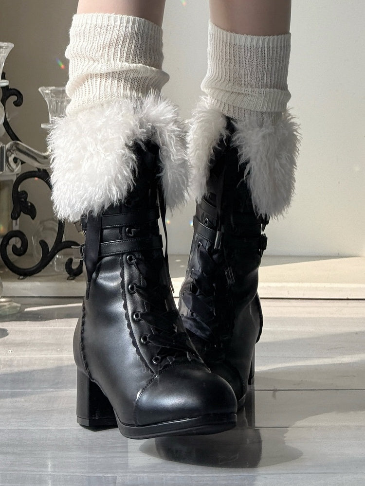 Boots Clasp - Mid-heel Top with at Sophisticated Lolita Multi-Closure Romantic Bow Black