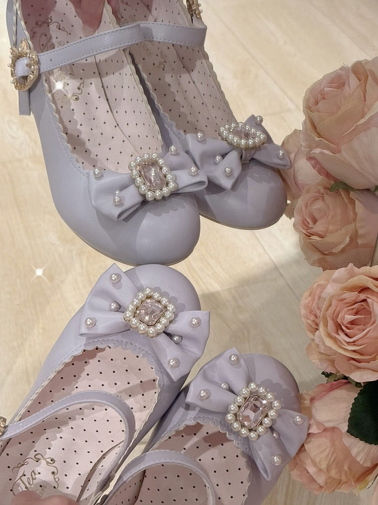 ジェーンズ ボウノット ロリータ ディテール ビーズ装飾 メアリー ラインストーン トゥ ラウンド シューズ パープル