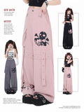 Wide-Leg Pants Black/Grey/Pink and Cross Print Pockets Cargo Skeleton