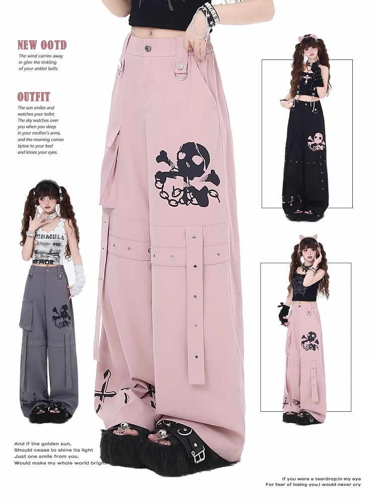 Wide-Leg Pants Black/Grey/Pink and Cross Print Pockets Cargo Skeleton
