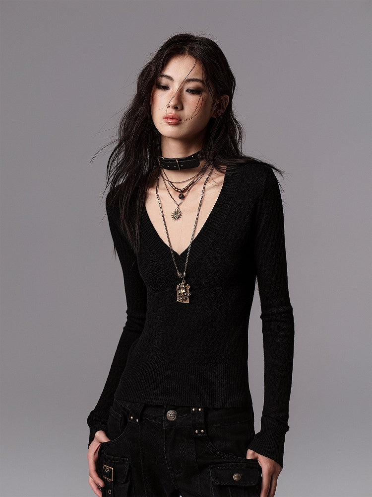 Top Black Ribbed Sleeve Knit Long - Cuffs Slim-fitting Cinching Waist