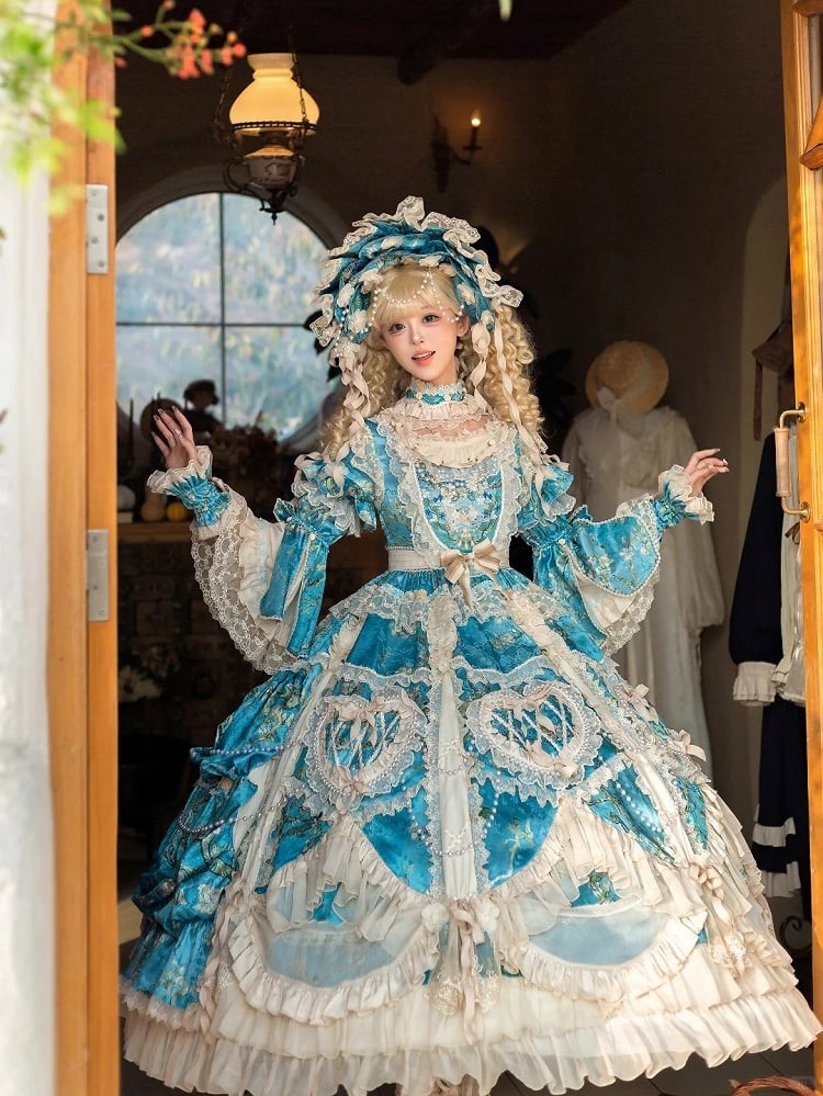 with Sleeves Sweetheart and Ruffle Layers Bell Applique Gorgeous Blue Gown Hime Lolita Beaded Lace