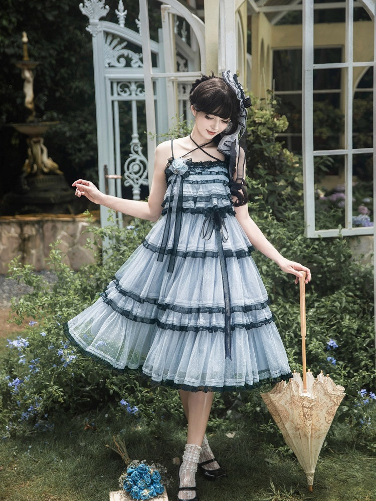 Navy-Black Sweet Lolita JSK with Lace & Layered Skirt - Aisling
