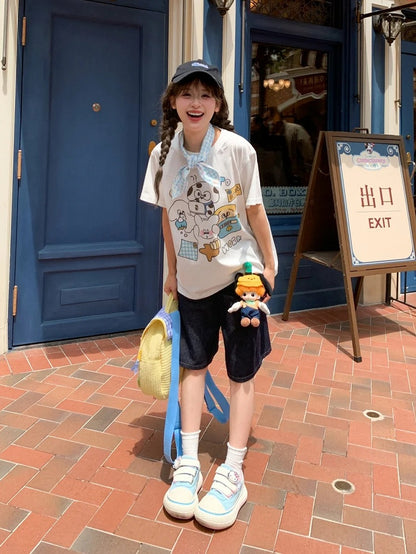 Cotton T-shirt Adorable Animal Print White Round Neck Loose