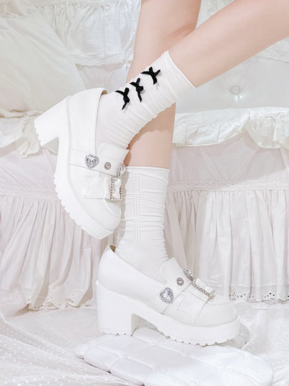 Matte White Heart-Shaped Rhinestones Platform Lolita Shoes Slipons