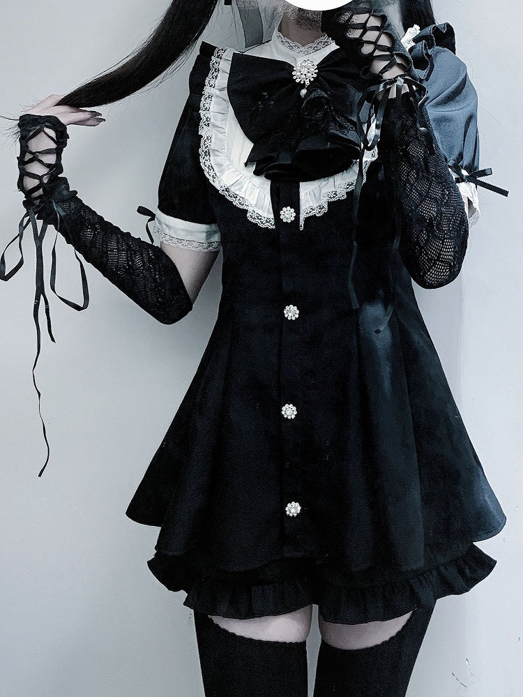 Short Big Jirai Kei Black Detachable Set Sleeves Mini and Jabot Collar Bow Dress+Shorts