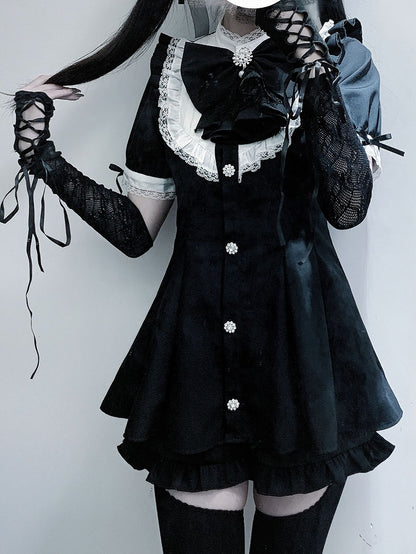 Short Big Jirai Kei Black Detachable Set Sleeves Mini and Jabot Collar Bow Dress+Shorts