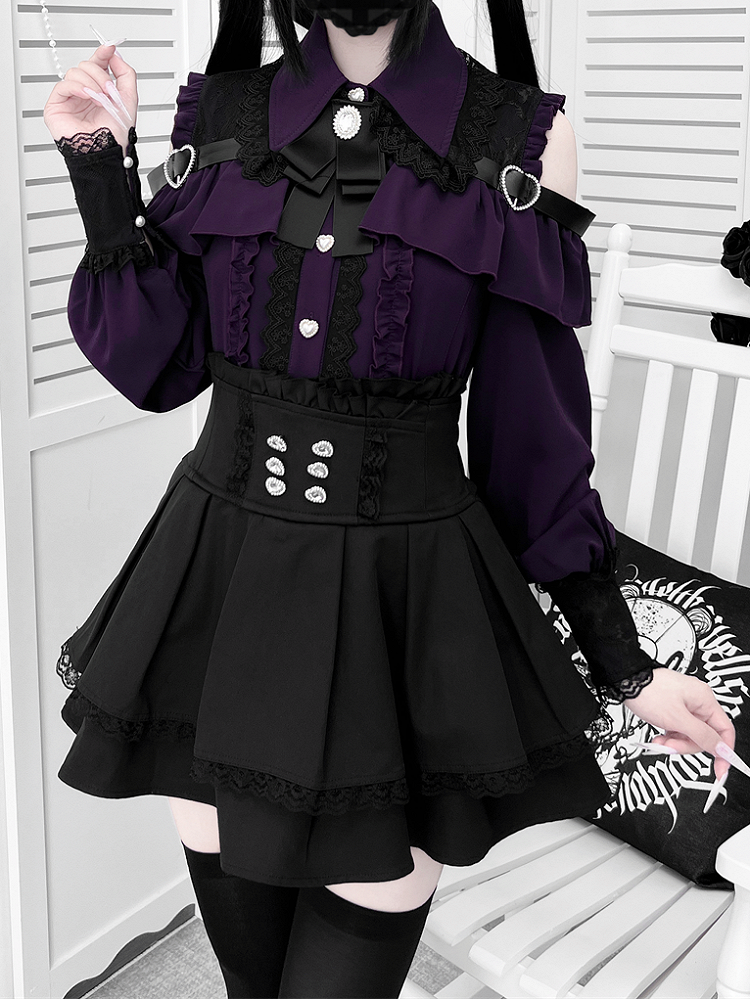 Shoulder Landmine with Blouse Buttons Cutout Blackish-Purple: Style in Heart Sweetheart Buckle