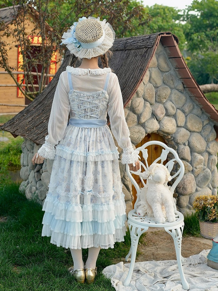 Blue Flower & Lamb Print Embroidered Neckline Lolita JSK Dress - Miss Point