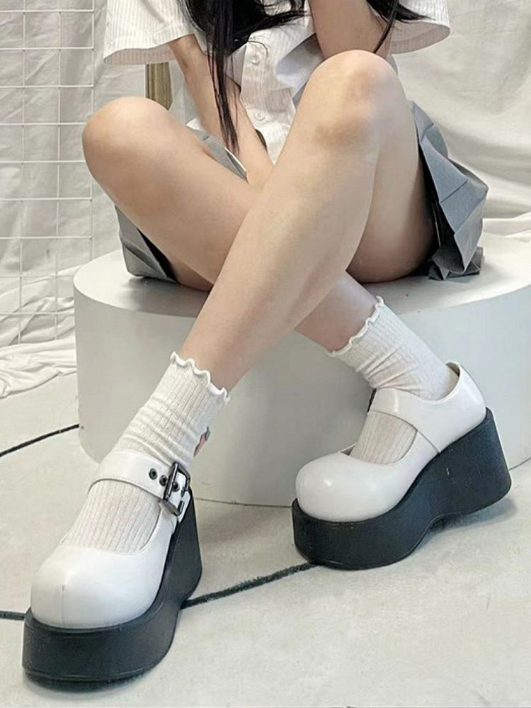 Platform Sole Embellishments Buckle White Mary Janes