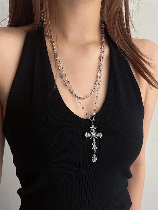 Silver With Pendant Necklace Gothic Cross Multi-Layered