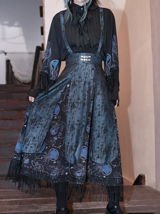 Style Skirt Overalls Straps Print Detachable Blue Jellyfish Black Tassel Hem with Cheongsam