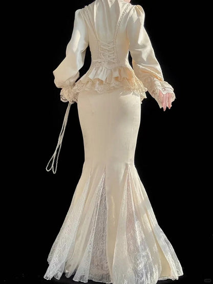 Classic Apricot Elegant Lolita with + Ruffled Set Details Blouse Lace Mermaid Skirt Long Sleeves