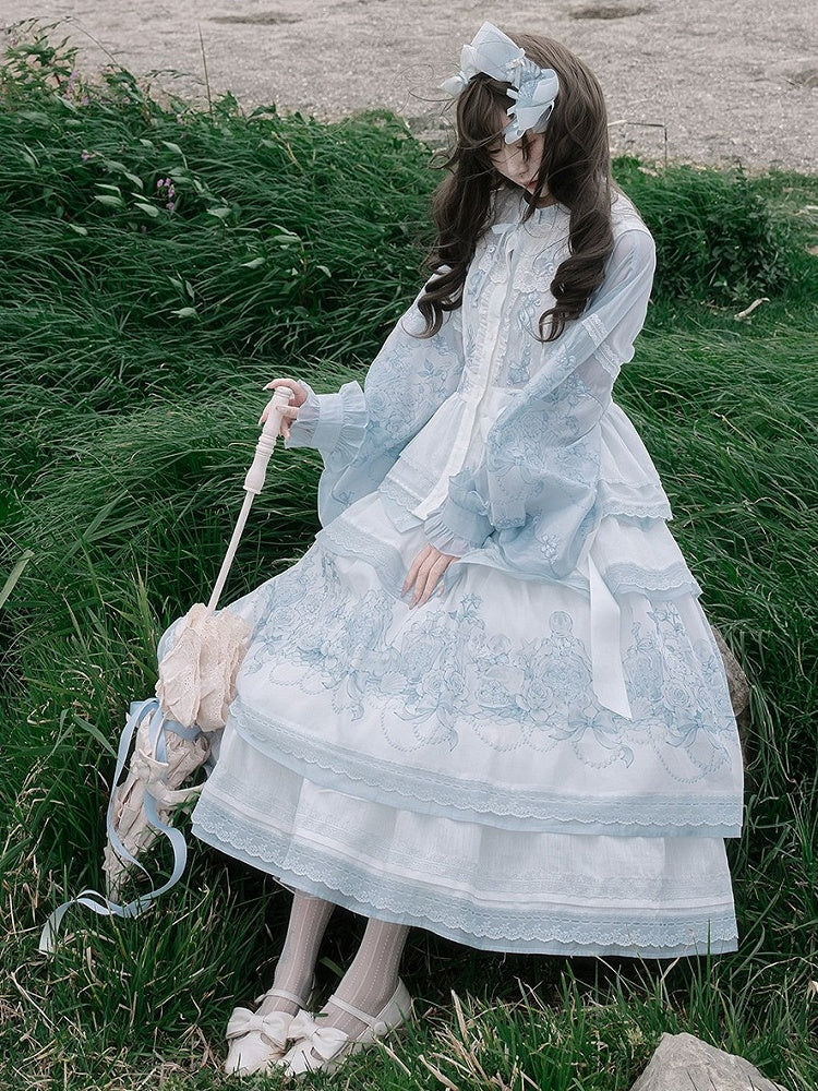 Layered Blue & White Lace Tencel Skirt with Floral Print - Yimu Walnut