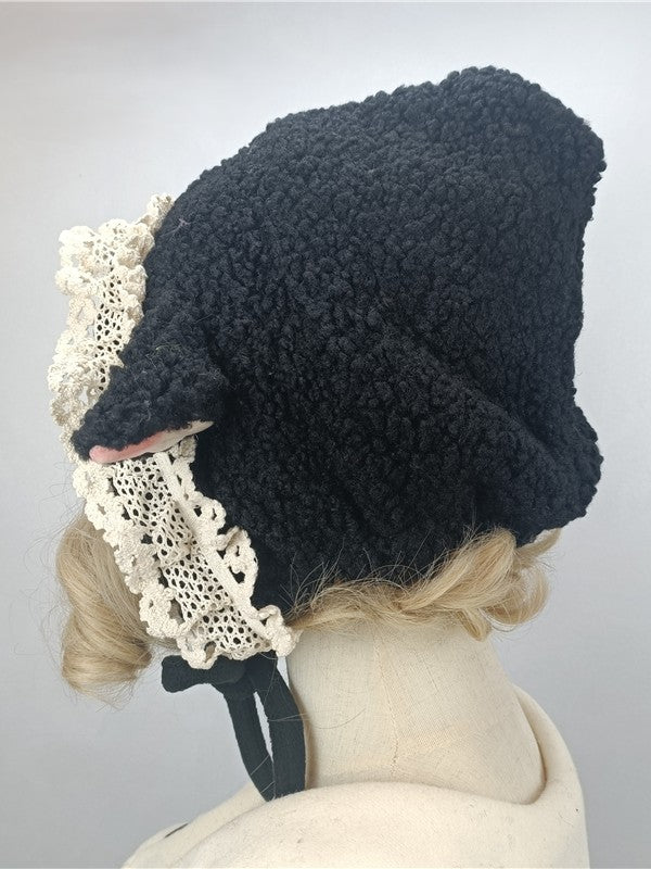 Plush Lamb Ear Black/White Sweet Lace Hat Design