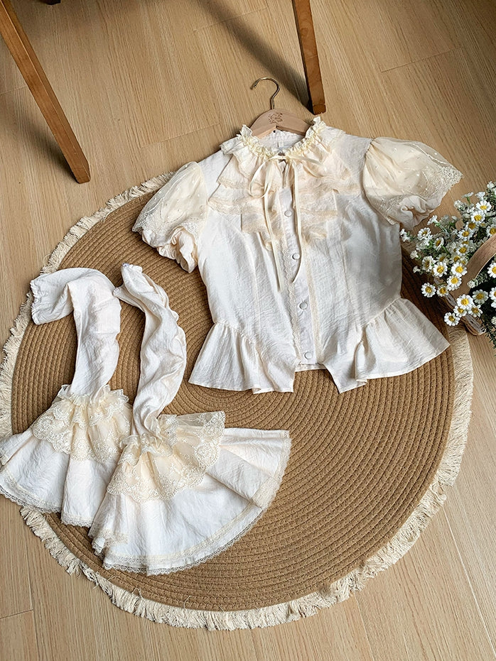 Sleeves Puff Ruffle Comfortable Short Breathable and Neckline Beige Shirt