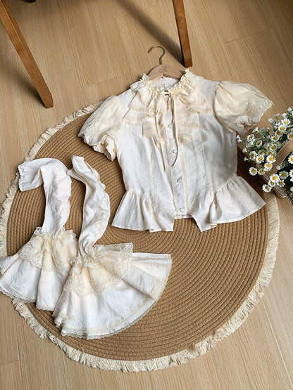 Sleeves Puff Ruffle Comfortable Short Breathable and Neckline Beige Shirt