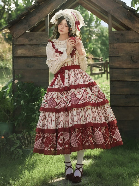 Cottagecore Apple and Gingham Print Red Natural Kei Lolita Tiered Dress - With PUJI