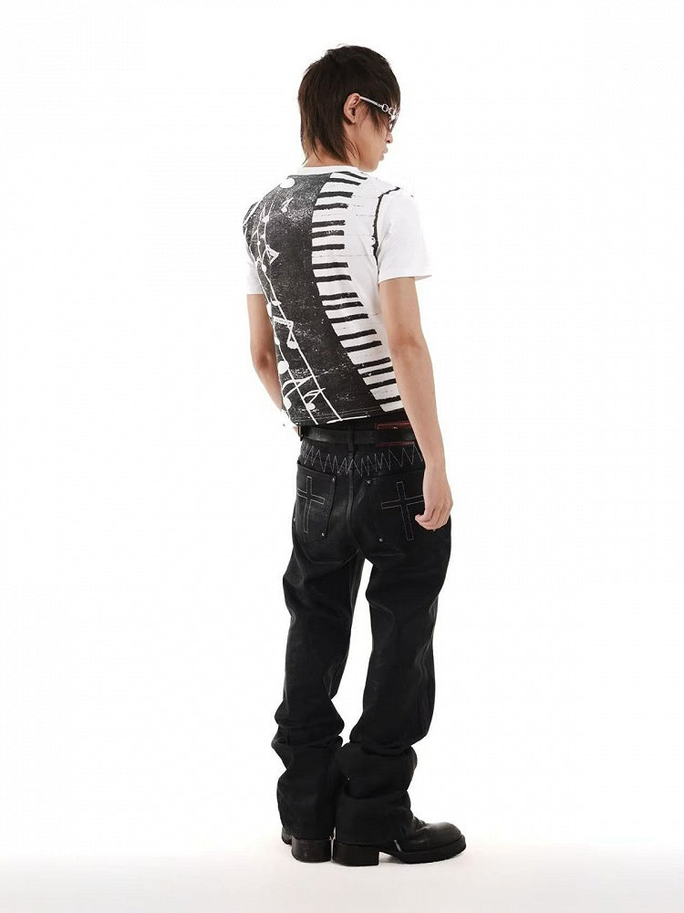 Unisex White & Black Letter Music Note Rhinestone T-Shirt