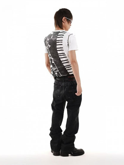 Unisex White & Black Letter Music Note Rhinestone T-Shirt