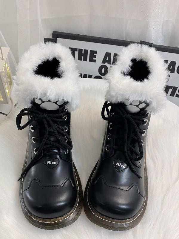 Schwarze Lolita Winter Martin Stiefel mit Katzenpfote und Herzschnalle