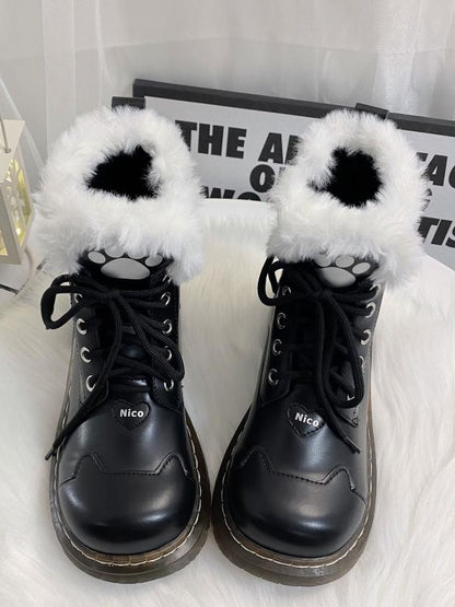 Schwarze Lolita Winter Martin Stiefel mit Katzenpfote und Herzschnalle