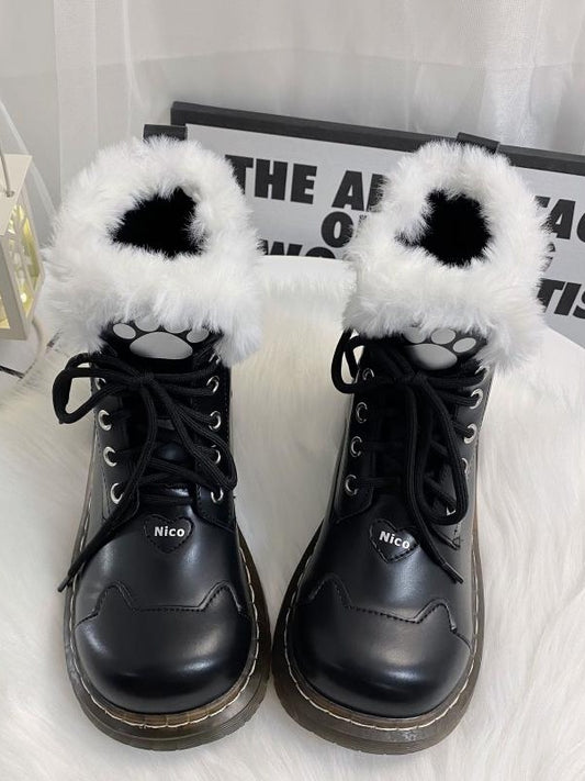 Schwarze Lolita Winter Martin Stiefel mit Katzenpfote und Herzschnalle