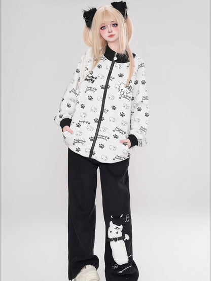 ブラック/ピンク/ライトブルーのキティ柄 ジップアップ スウェットシャツ