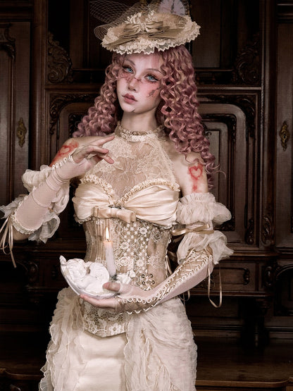 Cascading Halter Lace Ruffle Illusion Detachable Accents Rococo Top Corset with Neck